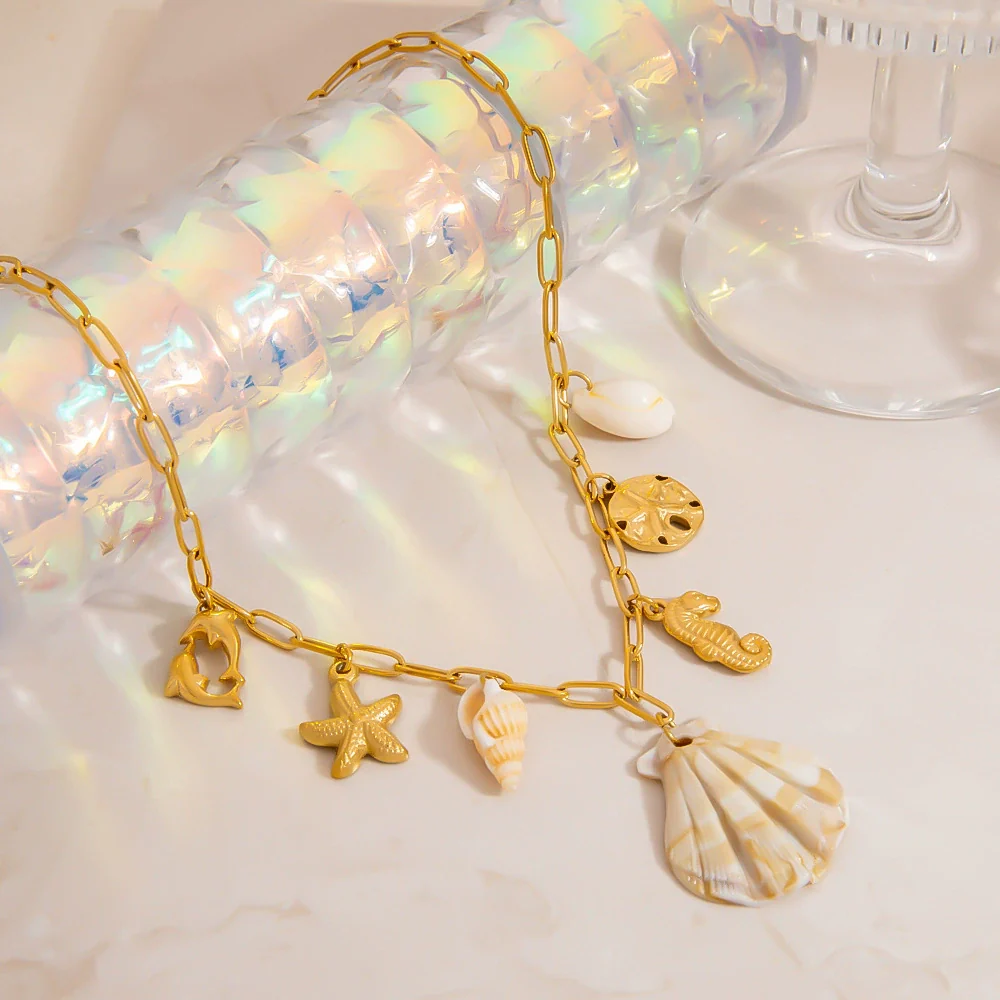 Titanium Steel Necklace With Conch Shell Starfish Pendant Geometric Shape Electroplated For Women - Image 2