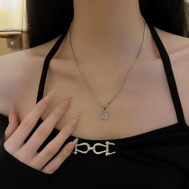 Titanium Steel Necklace With Geometric Moonstone Pendant For Women