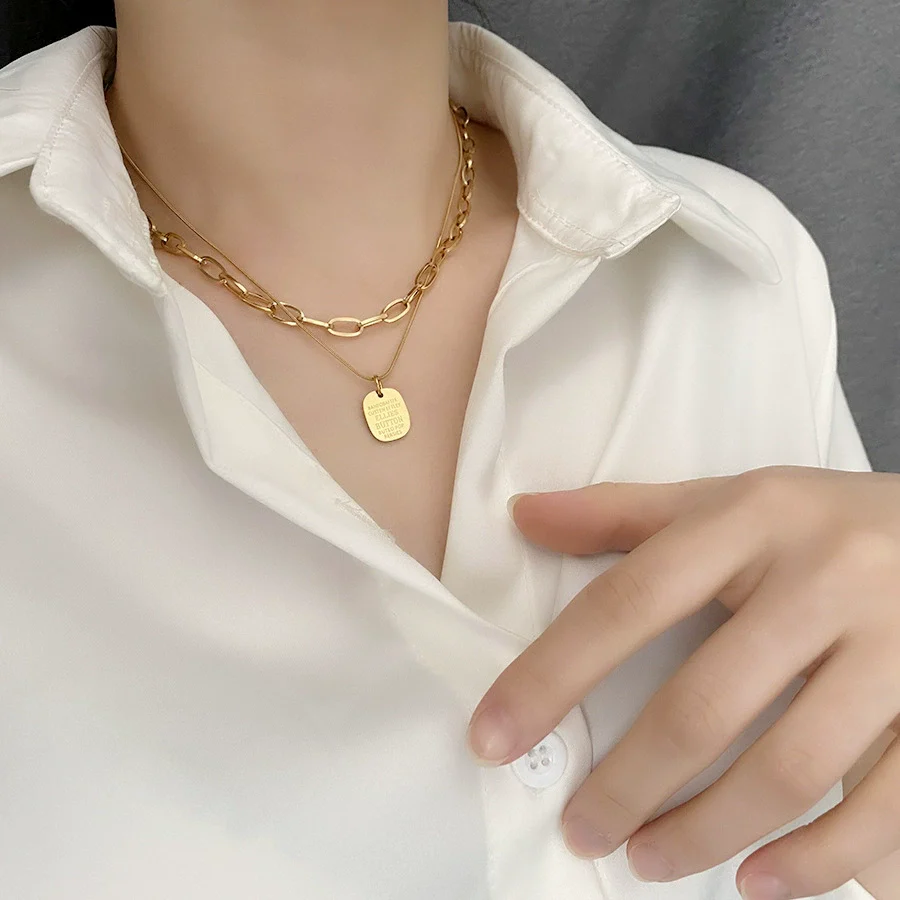 Titanium Steel Square Snake Bone Chain Double Layer Overlapping Collarbone Necklace With Geometric Pattern Light Luxury Style Jewelry For Female - Image 2