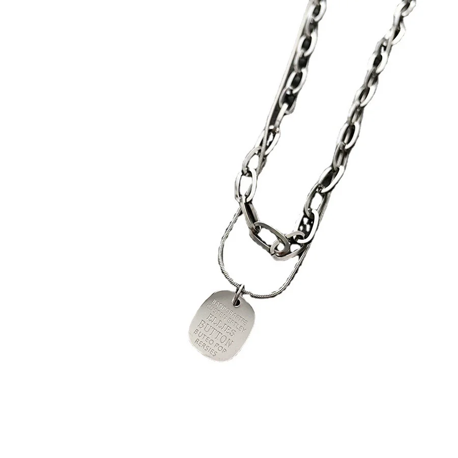 Titanium Steel Square Snake Bone Chain Double Layer Overlapping Collarbone Necklace With Geometric Pattern Light Luxury Style Jewelry For Female - Image 5