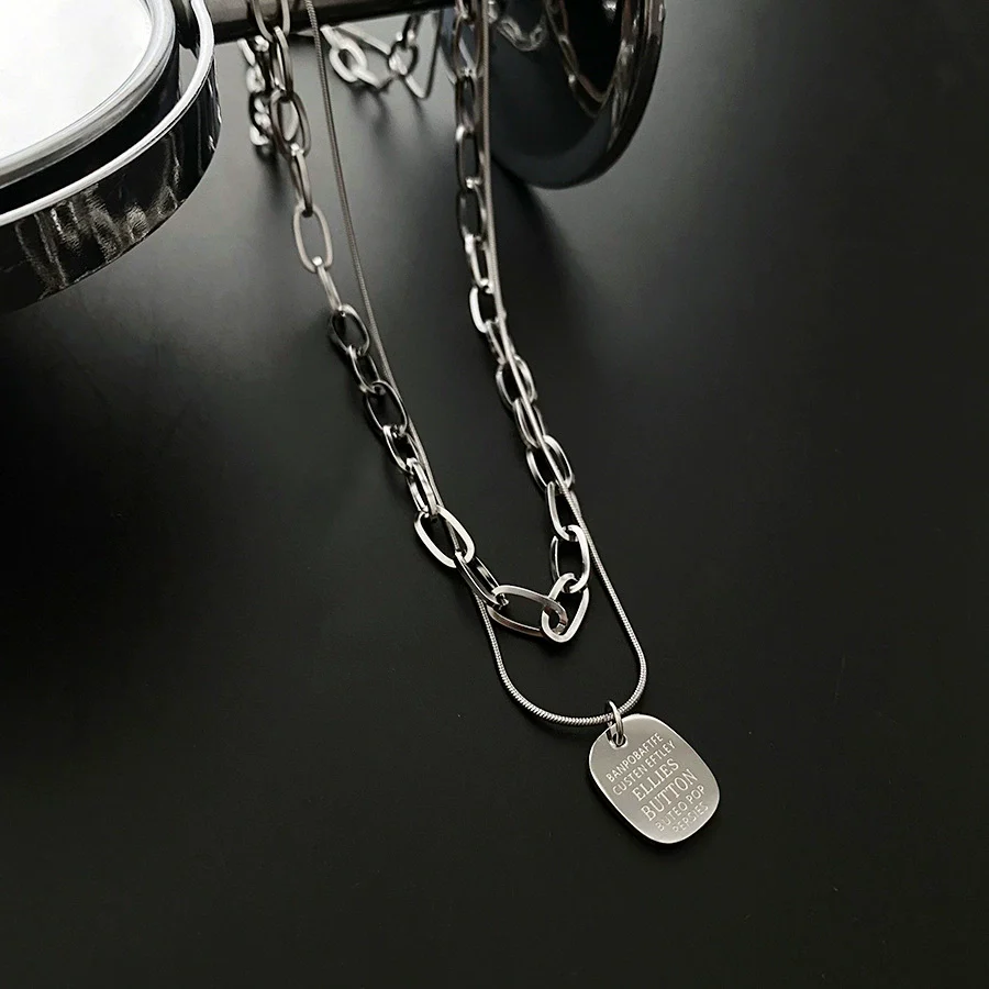 Titanium Steel Square Snake Bone Chain Double Layer Overlapping Collarbone Necklace With Geometric Pattern Light Luxury Style Jewelry For Female - Image 7