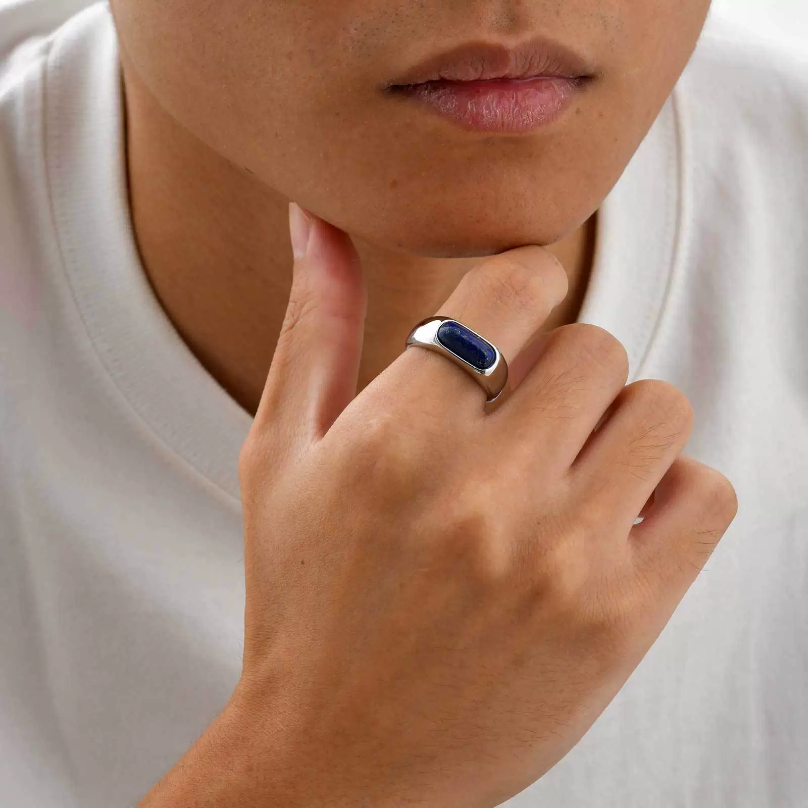 Titanium Steel Unisex Casual Style Oval Egg Surface Lapis Lazuli Ring Polish - Image 2