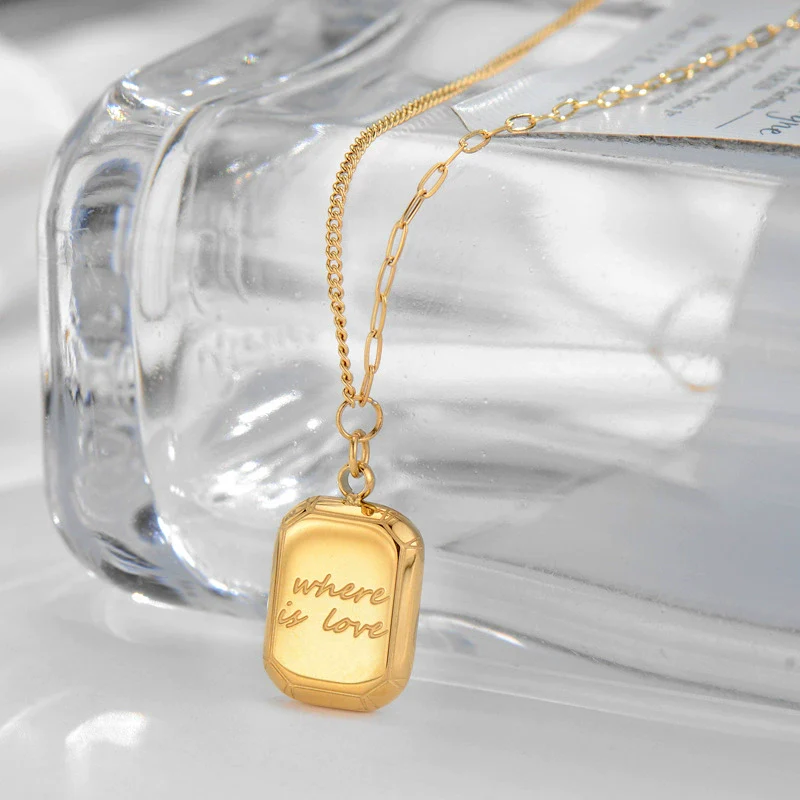 Titanium Steel Women's Ab Chain Necklace Set With Small Square Pendant And Geometric Style Gold Plated - Image 3