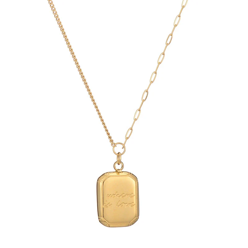 Titanium Steel Women's Ab Chain Necklace Set With Small Square Pendant And Geometric Style Gold Plated - Image 5