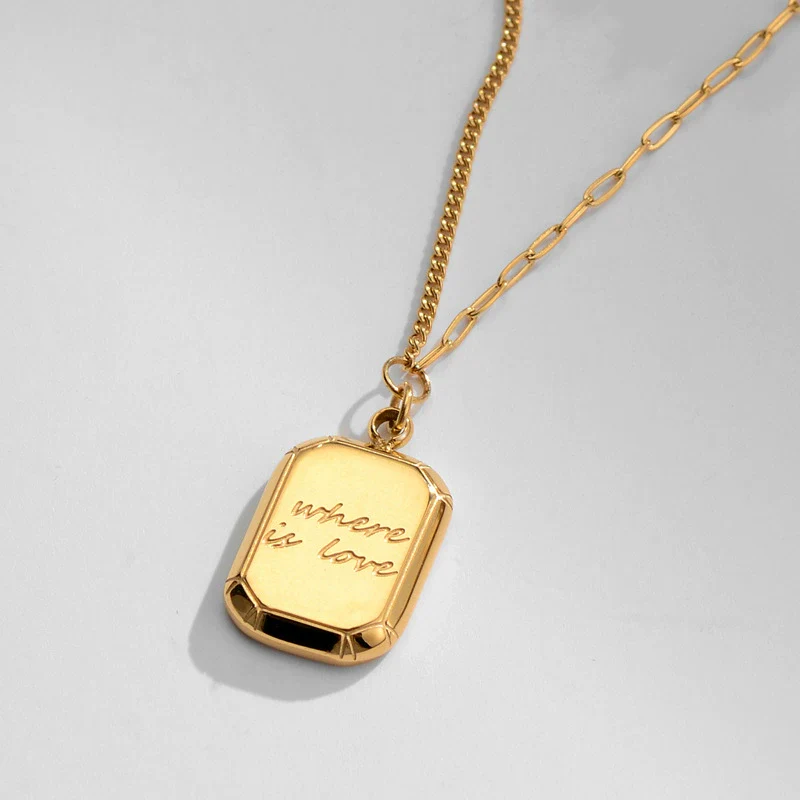 Titanium Steel Women's Ab Chain Necklace Set With Small Square Pendant And Geometric Style Gold Plated - Image 6