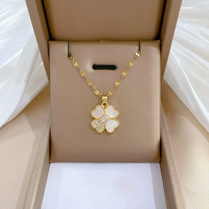 Titanium Steel Women's Cartoon Geometric Diamond Inlaid Clavicle Necklace With Shell Lucky Grass Flower Pendant - Image 4
