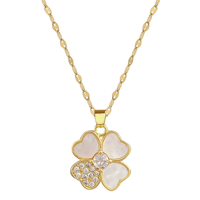 Titanium Steel Women's Cartoon Geometric Diamond Inlaid Clavicle Necklace With Shell Lucky Grass Flower Pendant - Image 5