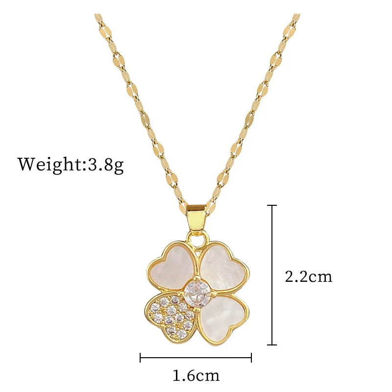 Titanium Steel Women's Cartoon Geometric Diamond Inlaid Clavicle Necklace With Shell Lucky Grass Flower Pendant - Image 6