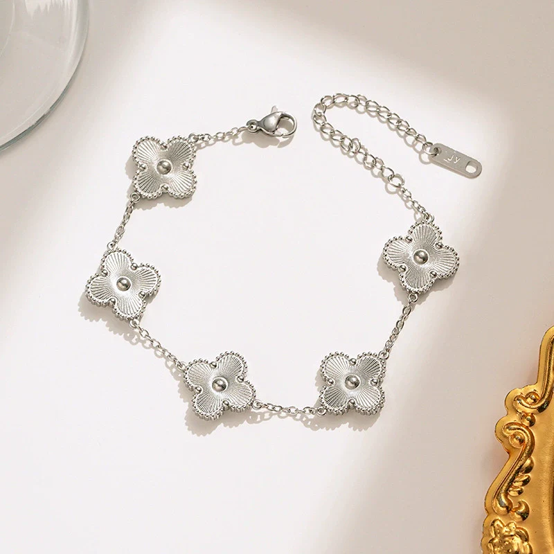 Titanium Steel Women's Fashion Versatile Laser Fourleaf Flower Set With Necklace Bracelet Earrings And Electroplating - Image 12