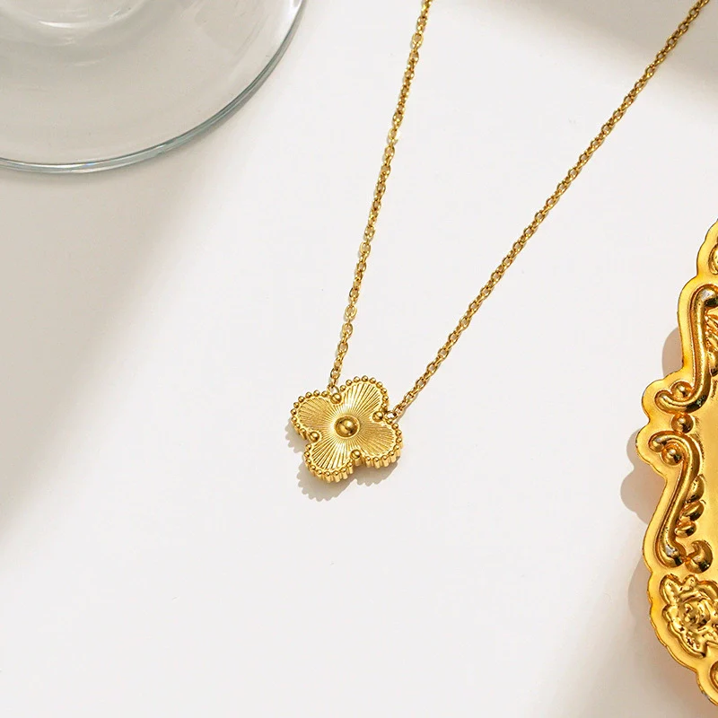 Titanium Steel Women's Fashion Versatile Laser Fourleaf Flower Set With Necklace Bracelet Earrings And Electroplating - Image 4