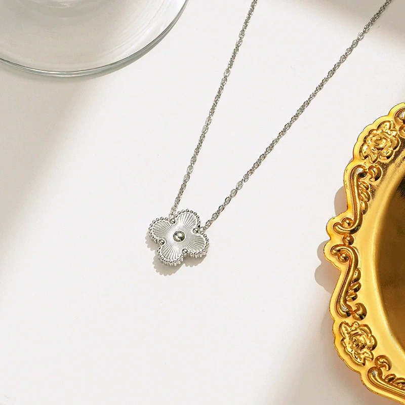 Titanium Steel Women's Fashion Versatile Laser Fourleaf Flower Set With Necklace Bracelet Earrings And Electroplating - Image 9