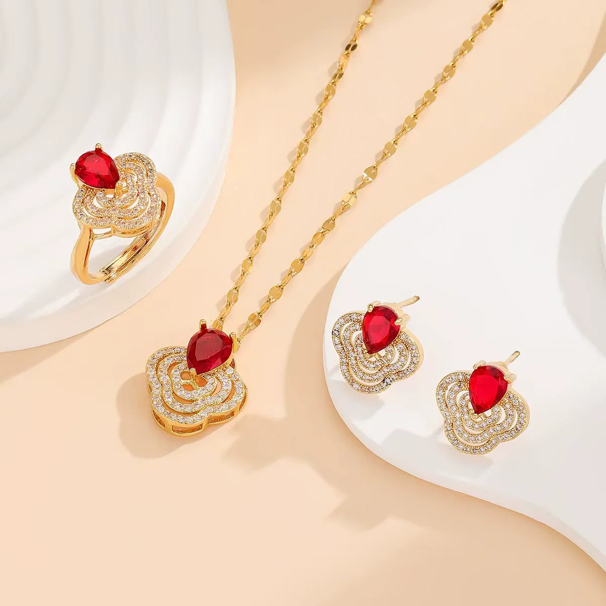 Titanium Steel Women's Jewelry Set With Ruby Flower Pendant Light Luxury Style And Electroplating Design - Image 9