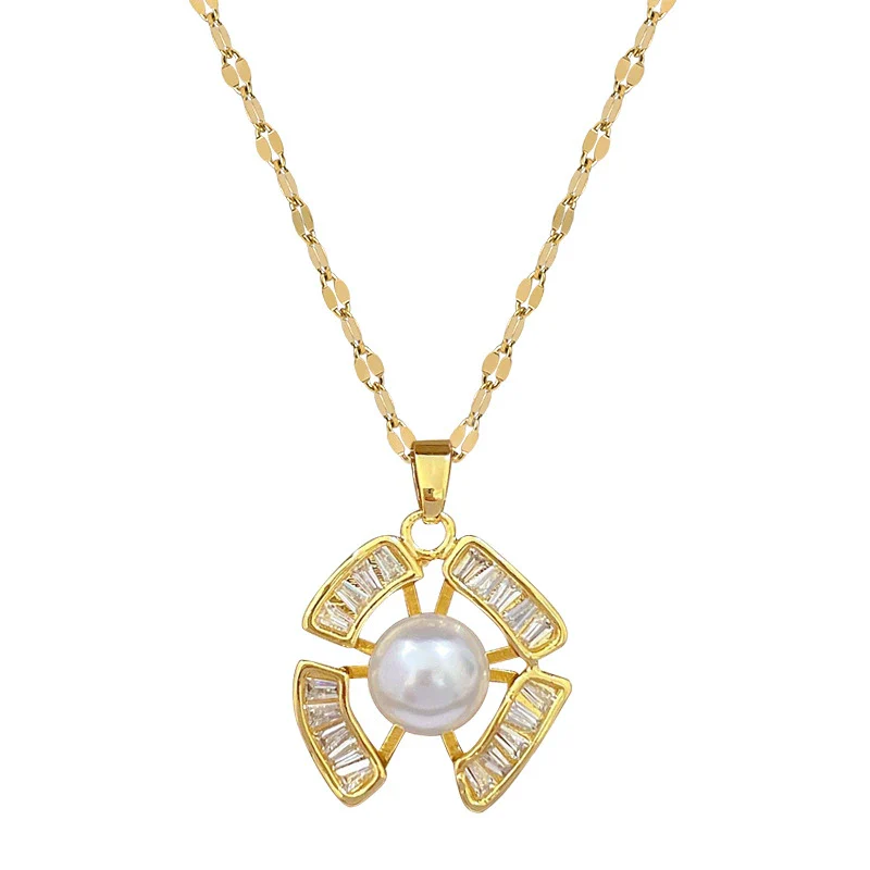 Titanium Steel Women's Light Luxury Necklace Earrings Set With Irregular Pearl And Geometric Pattern Electroplated - Image 4
