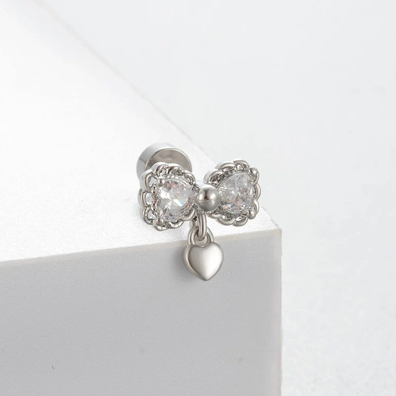 Titanium Steel Women's Lovely Style Zircon Inlaid Double Screw Bow Earring - Image 7