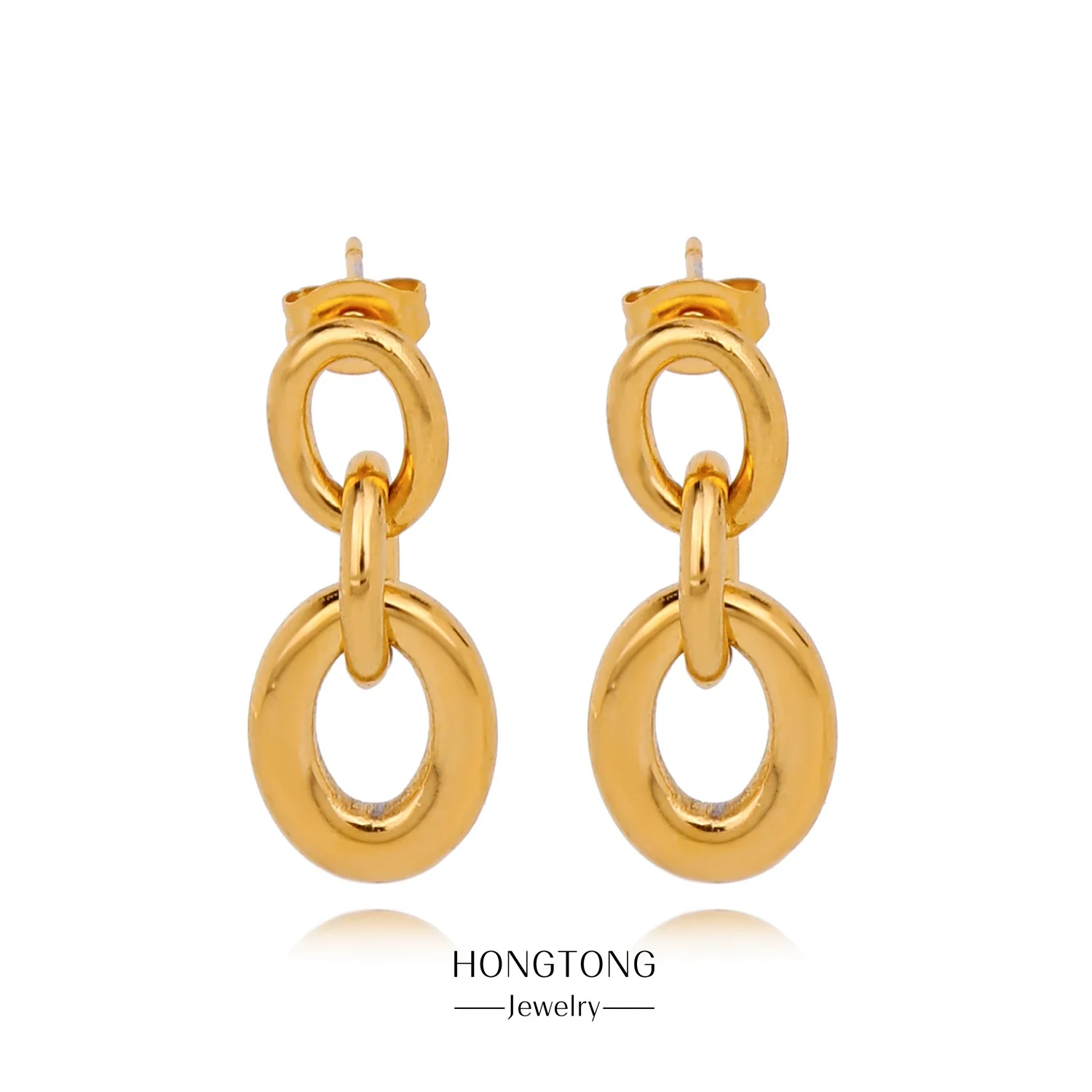Trendy Hollow Double Ring Button Hoop Earrings Stainless Steel Electroplating Women's