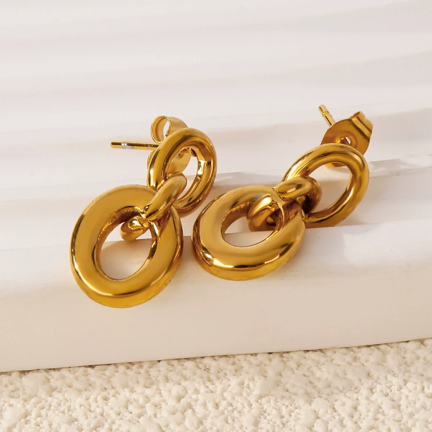 Trendy Hollow Double Ring Button Hoop Earrings Stainless Steel Electroplating Women's - Image 2