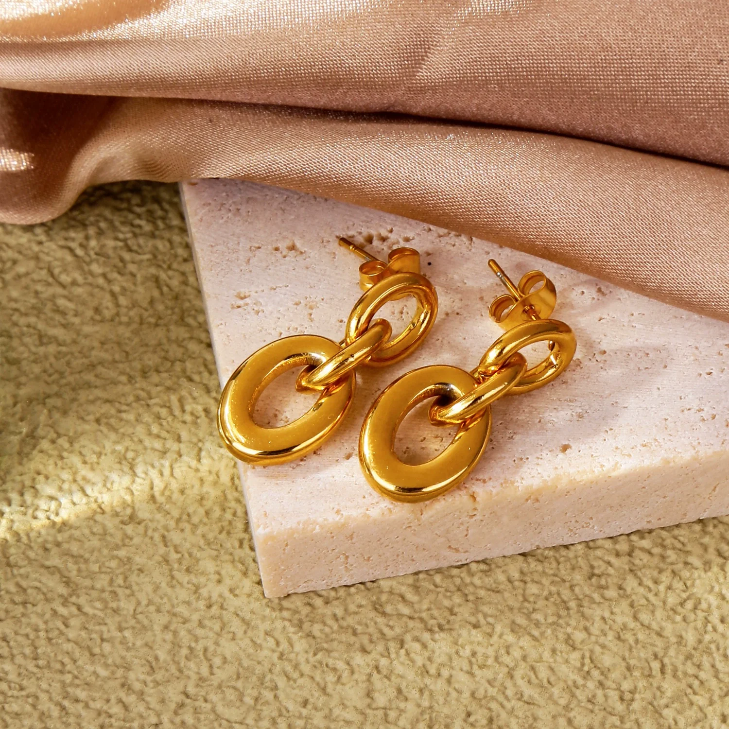 Trendy Hollow Double Ring Button Hoop Earrings Stainless Steel Electroplating Women's - Image 3