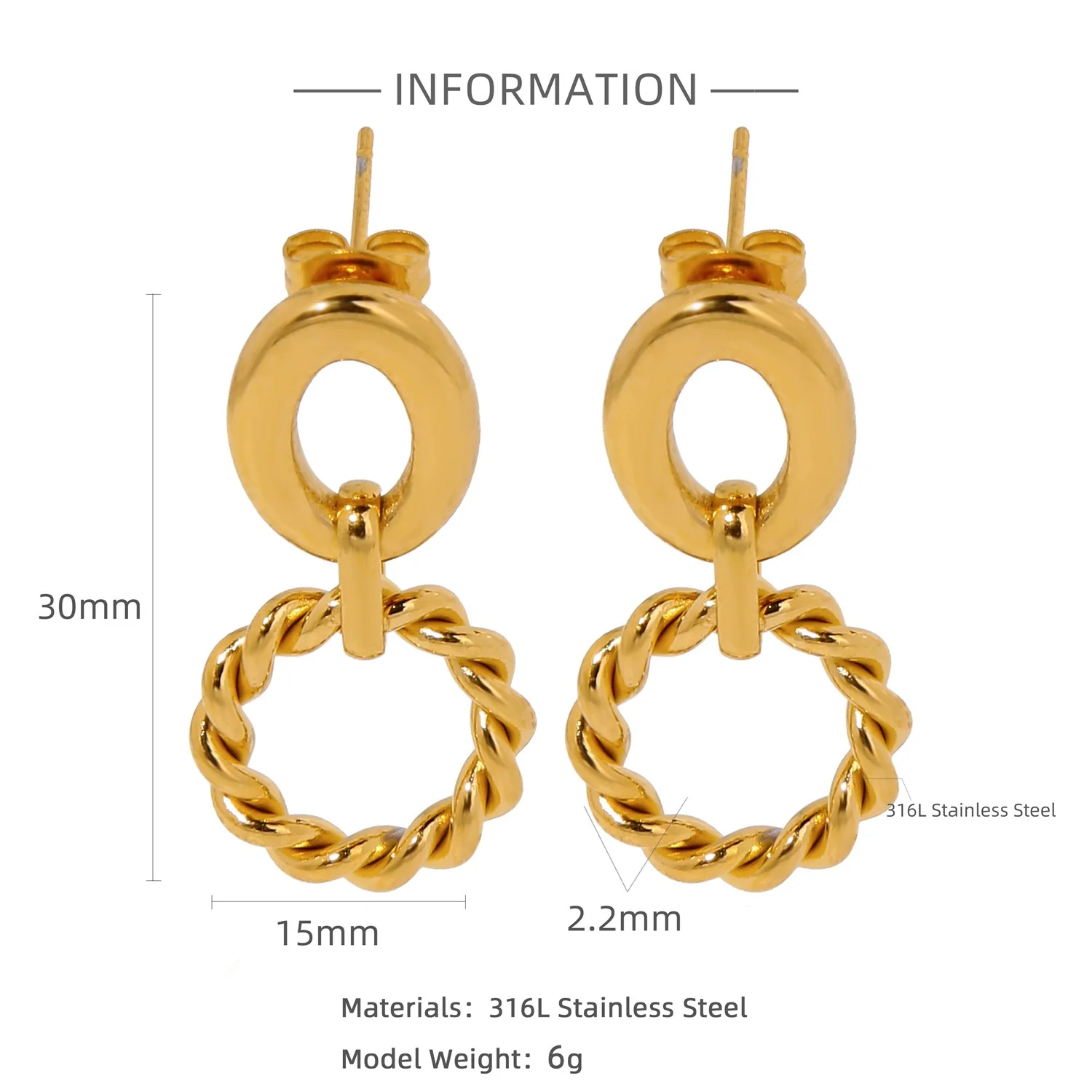 Trendy Hollow Double Ring Button Hoop Earrings Stainless Steel Electroplating Women's - Image 7
