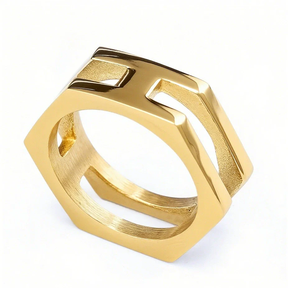 Trendy Irregular Polygon Unisex Ring Stainless Steel Gold Plated With Animal Zodiac Pattern - Image 3