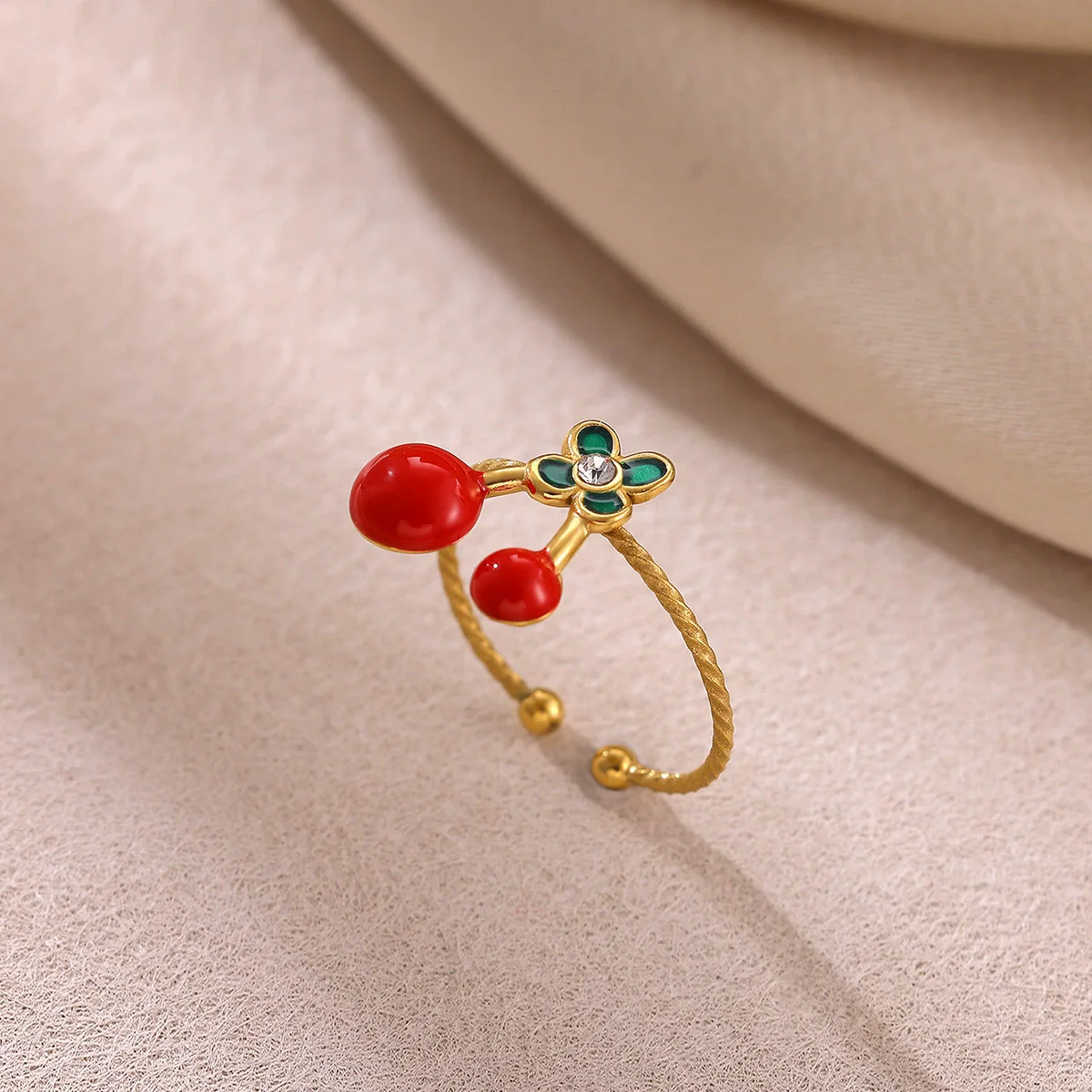 Trendy Light Luxury Geometric Gold Inlaid Stainless Steel Adjustable Fruit Ring For Women - Image 2