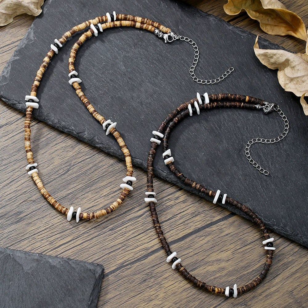 Trendy Unisex Hiphop Bohemian Style Shell Coconut Shell Wood Beads Stitching O Chain Necklace Handmade Geometric Pattern Stainless Steel Fadeless - Image 4