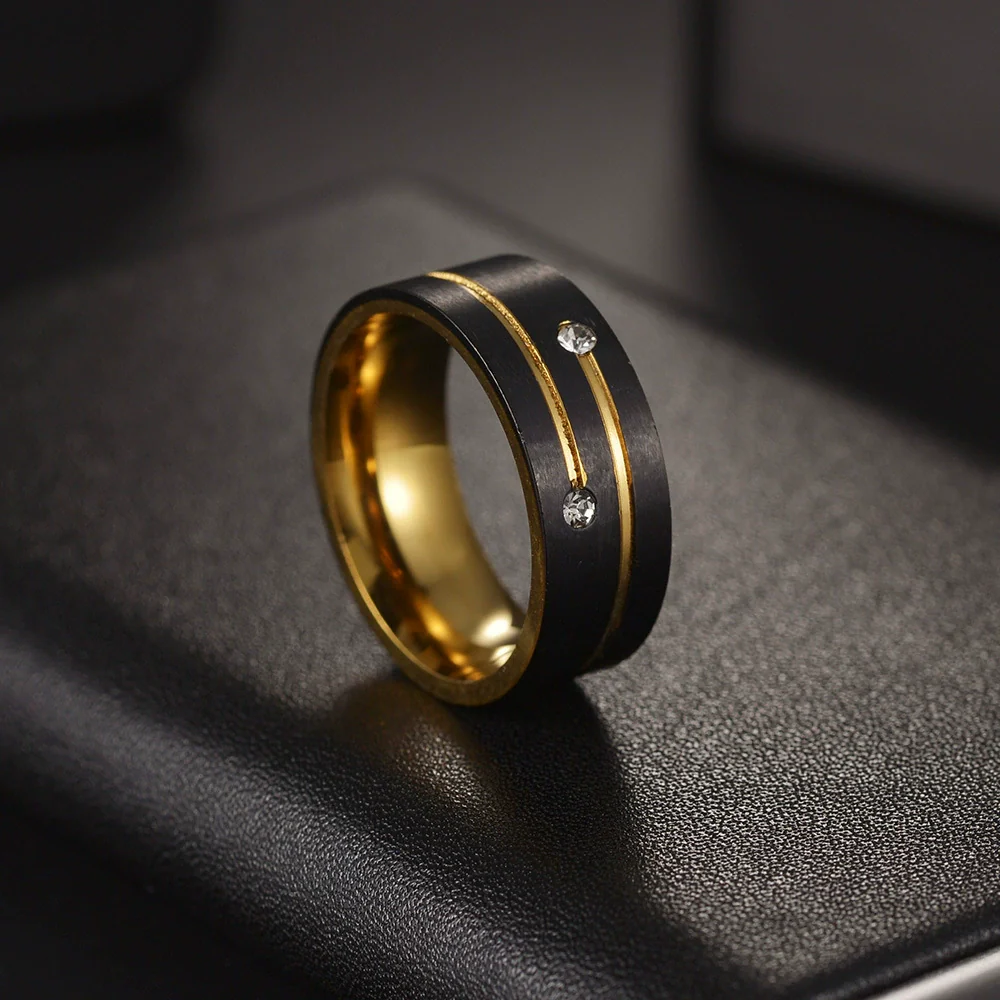 Trinket Neutral Titanium Steel Ring Electroplated Twocolor Black Gold Inlaid With Diamond Geometric Style - Image 2