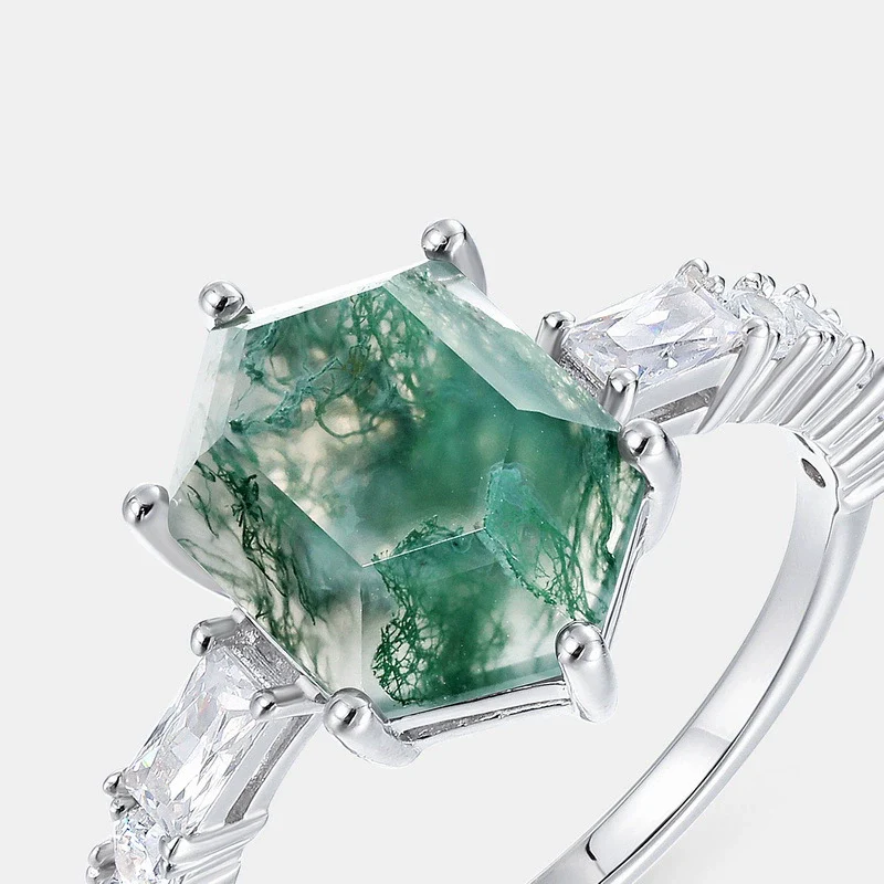 Unique Geometric Natural Water Grass Agate Stone Ring S925 Silver Retro Fashion Women's Ring With Diamond Treatment - Image 3