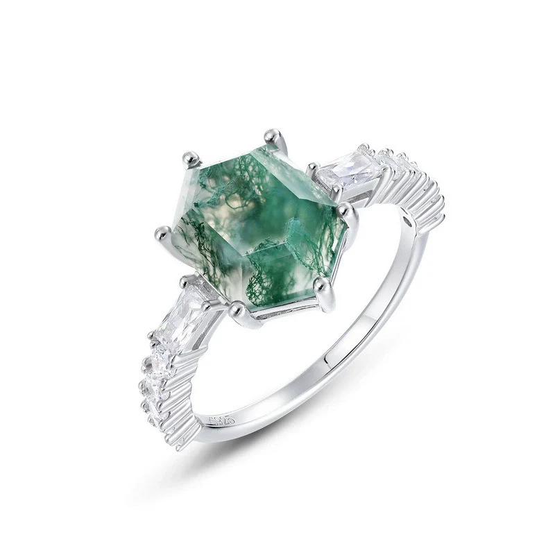 Unique Geometric Natural Water Grass Agate Stone Ring S925 Silver Retro Fashion Women's Ring With Diamond Treatment - Image 4