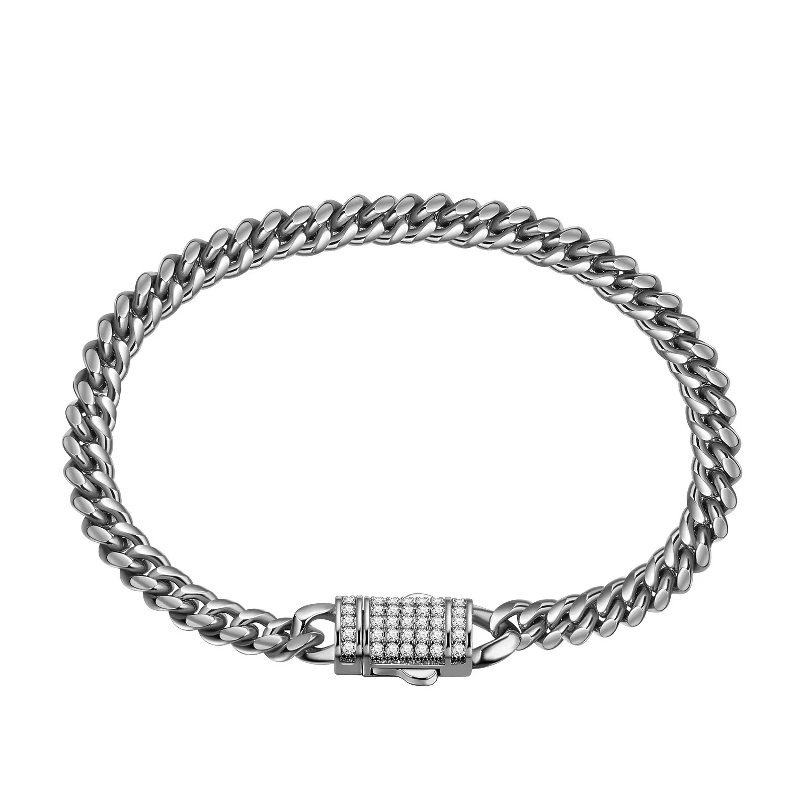 Unisex Cuban Chain Stainless Steel Geometric Polished And Electroplated Necklace With Copper Buckle And Micropaved Zircon - Image 4
