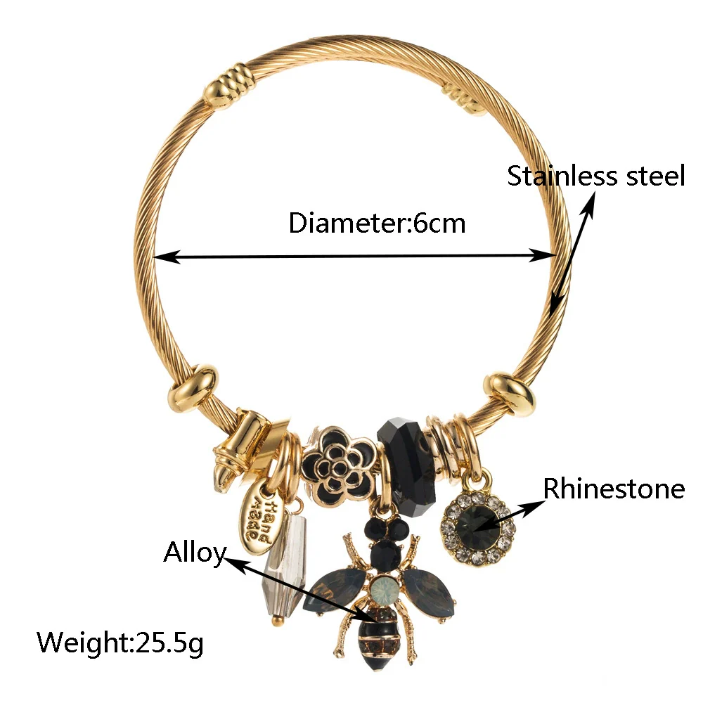 Unisex Fashion Diamond Inlaid Titanium Steel Bracelet With Bee And Flower Animal Zodiac Pendant - Image 2