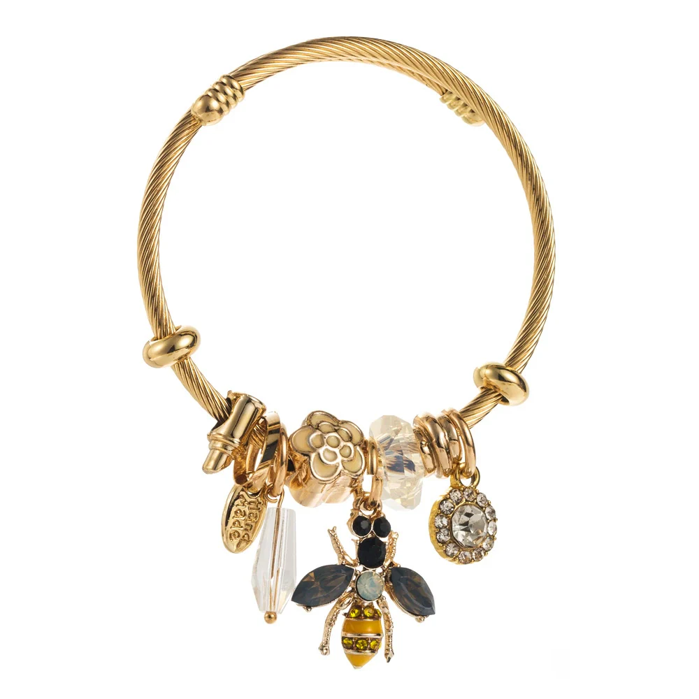 Unisex Fashion Diamond Inlaid Titanium Steel Bracelet With Bee And Flower Animal Zodiac Pendant - Image 5
