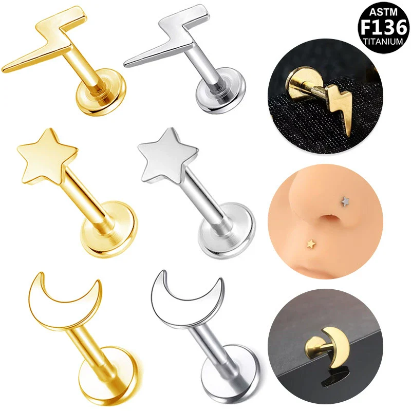 Unisex Geometric Titanium Alloy And Copper Stainless Steel Electroplated Earring And Lip Nail With Star Moon Lightning Pattern