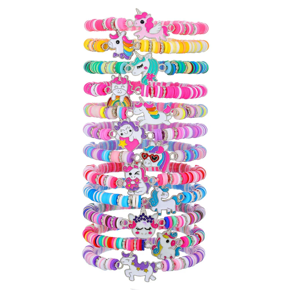Unisex Handmade Multilayer Stacked Dripping Rainbow Unicorn Cartoon Soft Polymer Clay Bracelet With Animal Zodiac Design