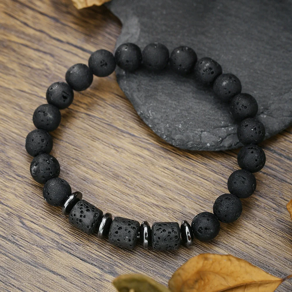 Unisex Handmade Natural Tiger Eye And Volcanic Stone Beaded Elastic Bracelet With Geometric Pattern - Image 2