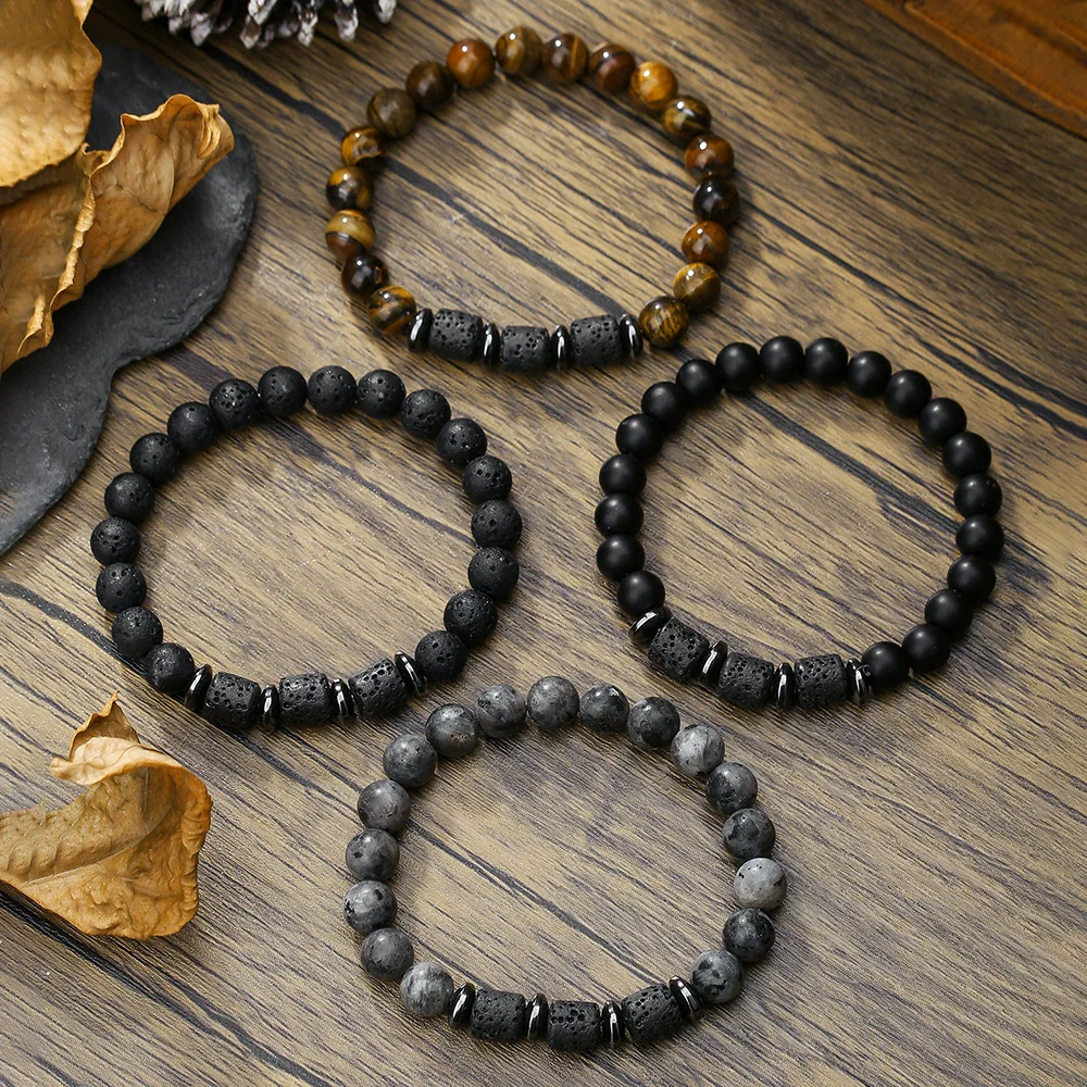 Unisex Handmade Natural Tiger Eye And Volcanic Stone Beaded Elastic Bracelet With Geometric Pattern - Image 3