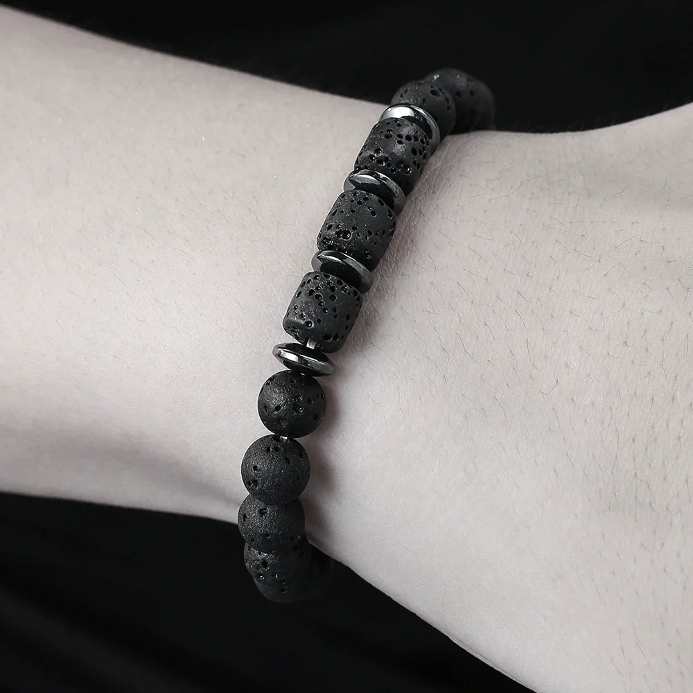 Unisex Handmade Natural Tiger Eye And Volcanic Stone Beaded Elastic Bracelet With Geometric Pattern - Image 4