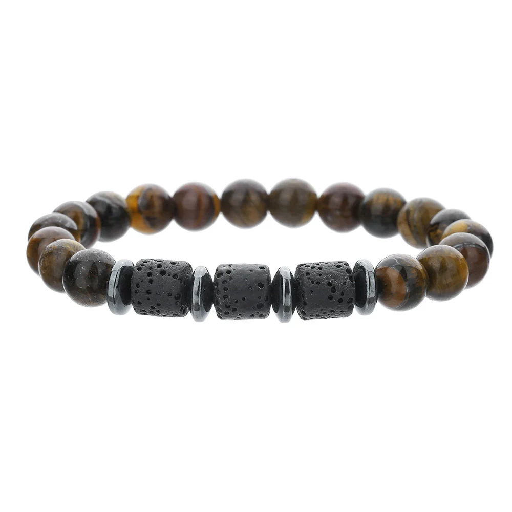 Unisex Handmade Natural Tiger Eye And Volcanic Stone Beaded Elastic Bracelet With Geometric Pattern - Image 5