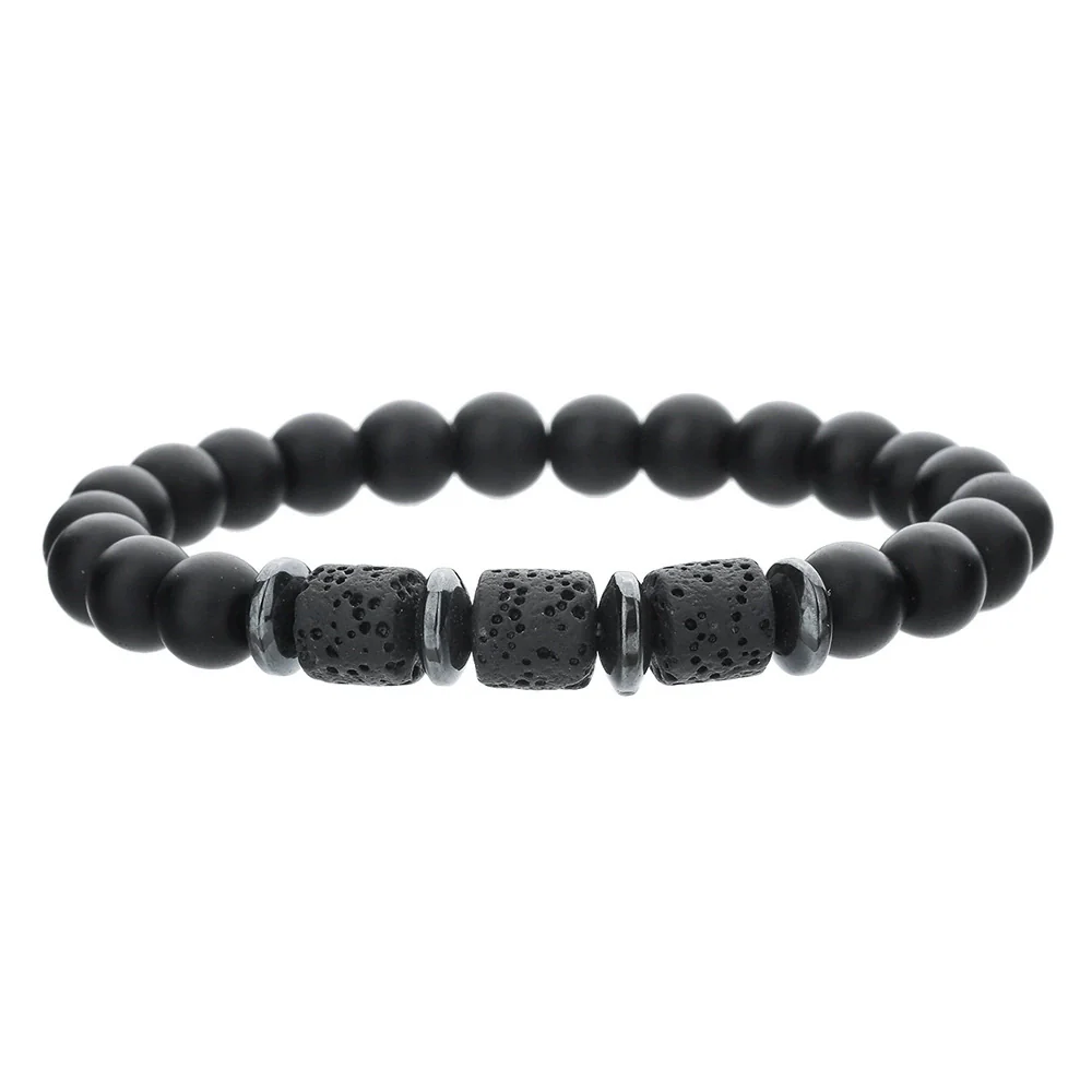 Unisex Handmade Natural Tiger Eye And Volcanic Stone Beaded Elastic Bracelet With Geometric Pattern - Image 7