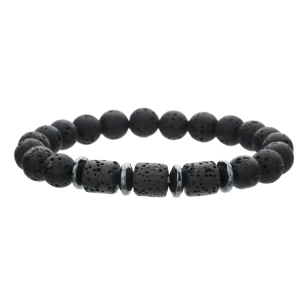 Unisex Handmade Natural Tiger Eye And Volcanic Stone Beaded Elastic Bracelet With Geometric Pattern - Image 8