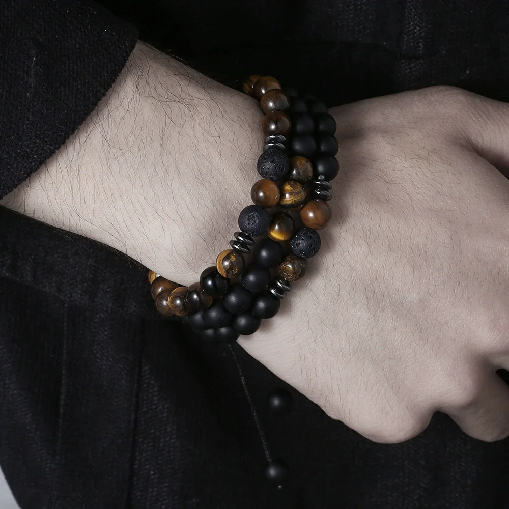 Unisex Handmade Obsidian Geometric Elastic Woven Beaded Bracelet - Image 4