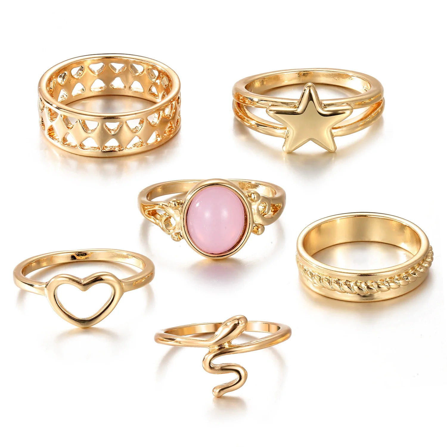 Unisex Metal Heart Shape Snake Ring Sixpiece Set With Electroplating - Image 5