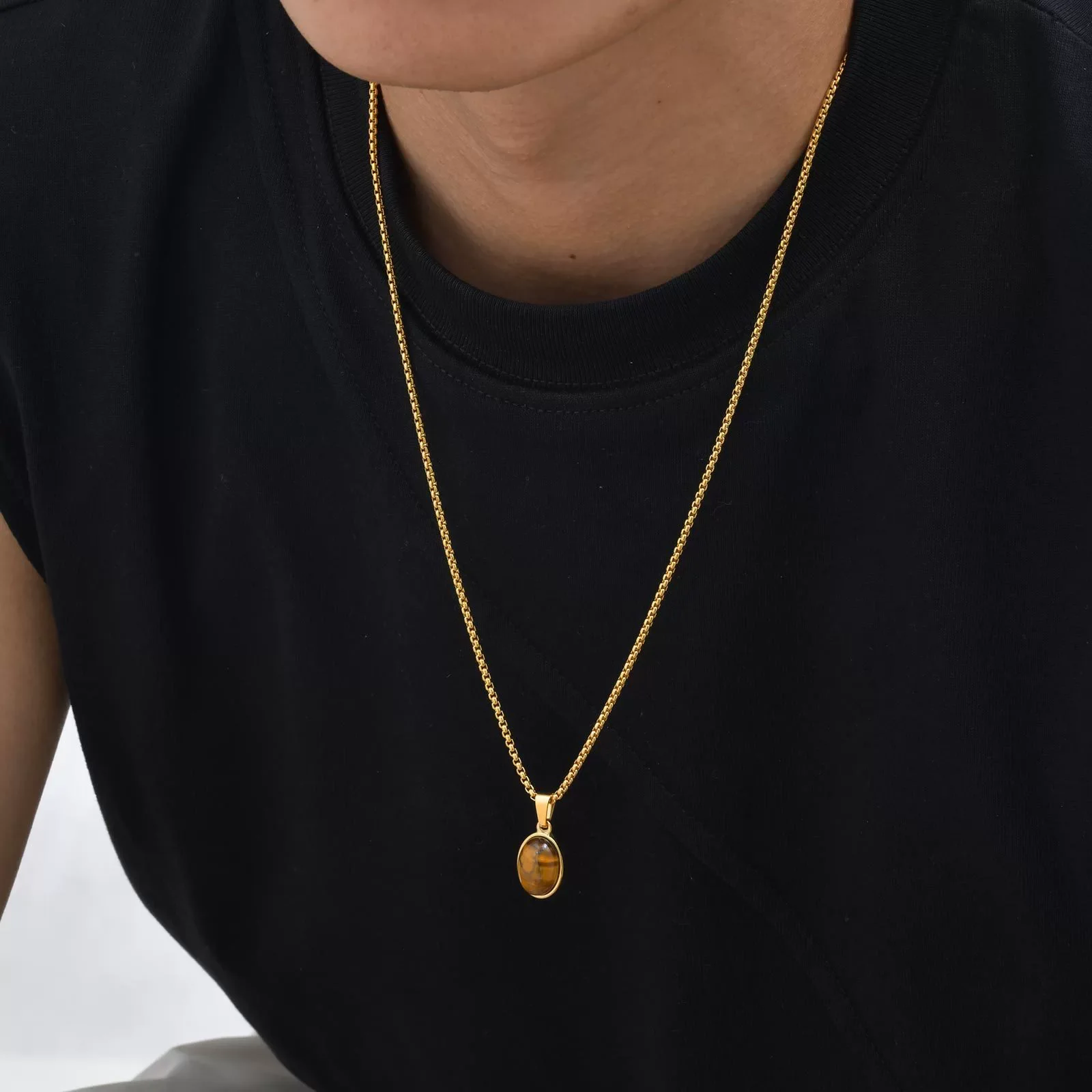 Unisex Retro Fashion Jewelry Stainless Steel Geometric Oval Natural Stone Pendant Necklace - Image 11