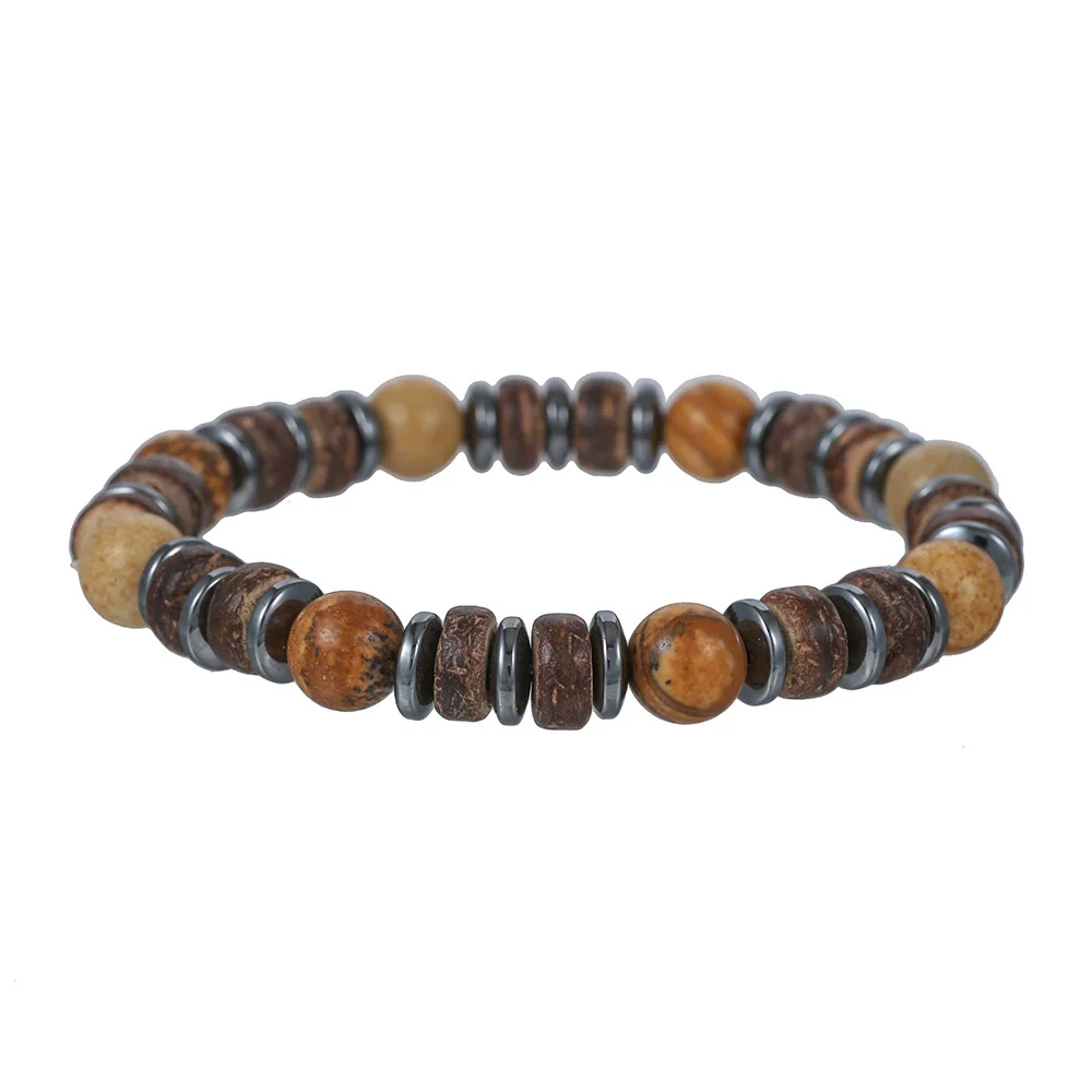 Unisex Retro Wooden And Stone Bead Bracelet Geometric Pattern Handmade - Image 10