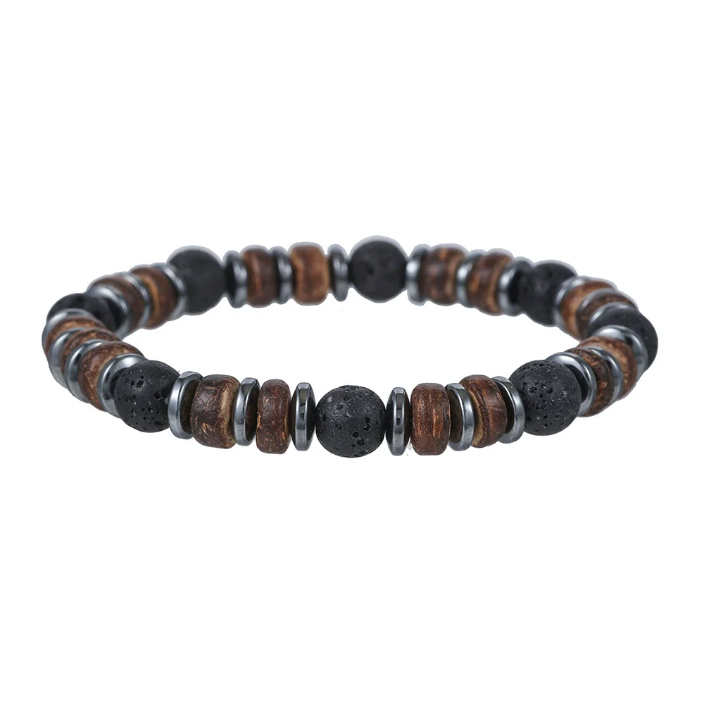 Unisex Retro Wooden And Stone Bead Bracelet Geometric Pattern Handmade - Image 8