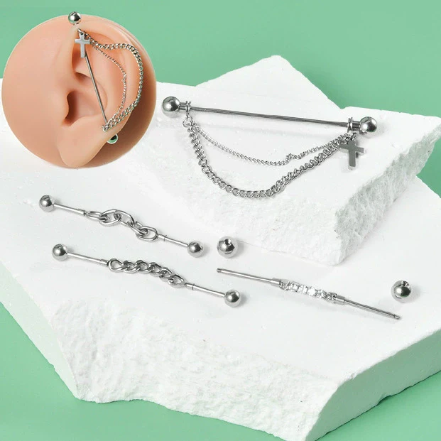 Unisex Stainless Steel Geometric Double Layer Chain Hanging Cross Detachable Ear Bridge Earrings With Electroplating - Image 3