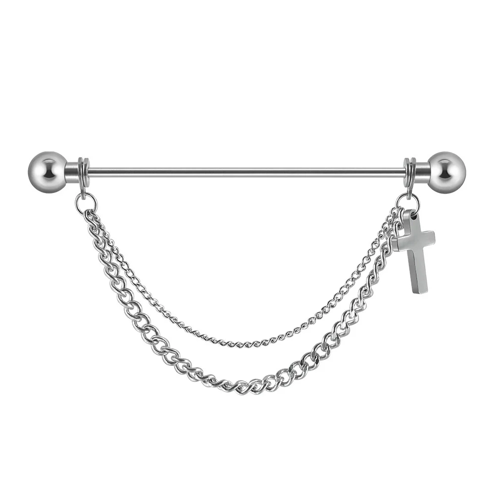 Unisex Stainless Steel Geometric Double Layer Chain Hanging Cross Detachable Ear Bridge Earrings With Electroplating - Image 5