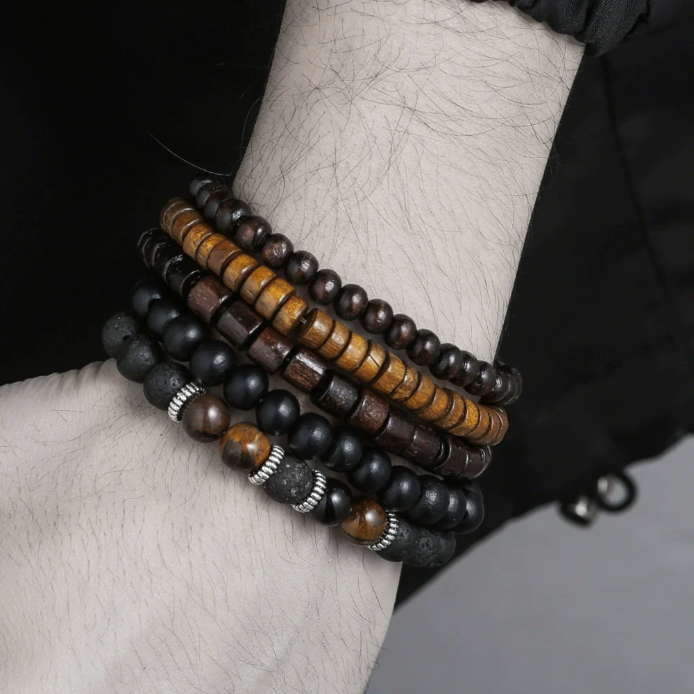 Unisex Wooden Geometric Handmade Beaded Bracelet Set - Image 7