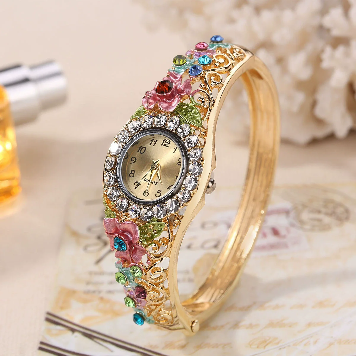 Vintage Cloisonne 3D Flower Blooming Women's Alloy Wrist Watch And Fashion Bracelet - Image 10