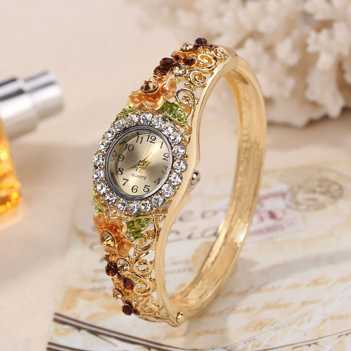 Vintage Cloisonne 3D Flower Blooming Women's Alloy Wrist Watch And Fashion Bracelet - Image 6