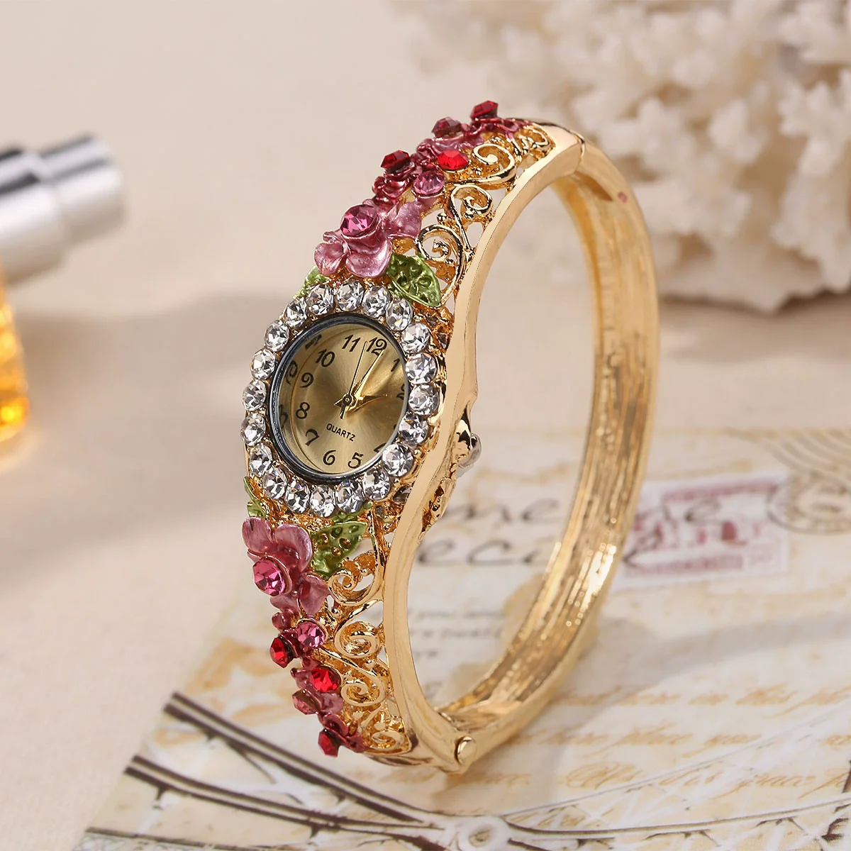 Vintage Cloisonne 3D Flower Blooming Women's Alloy Wrist Watch And Fashion Bracelet - Image 7